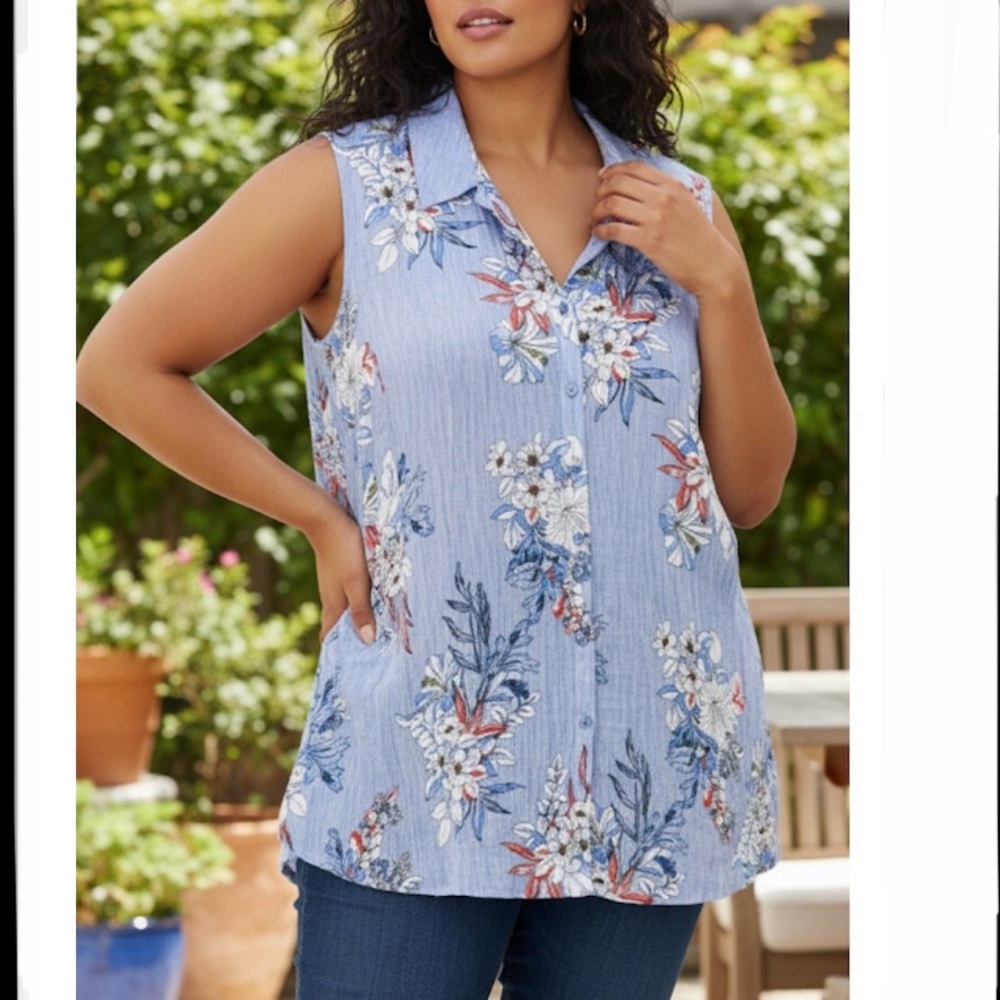 Catherines Blue Floral Gauze Sleeveless‎ Casual Button Up Shirt Size 4X